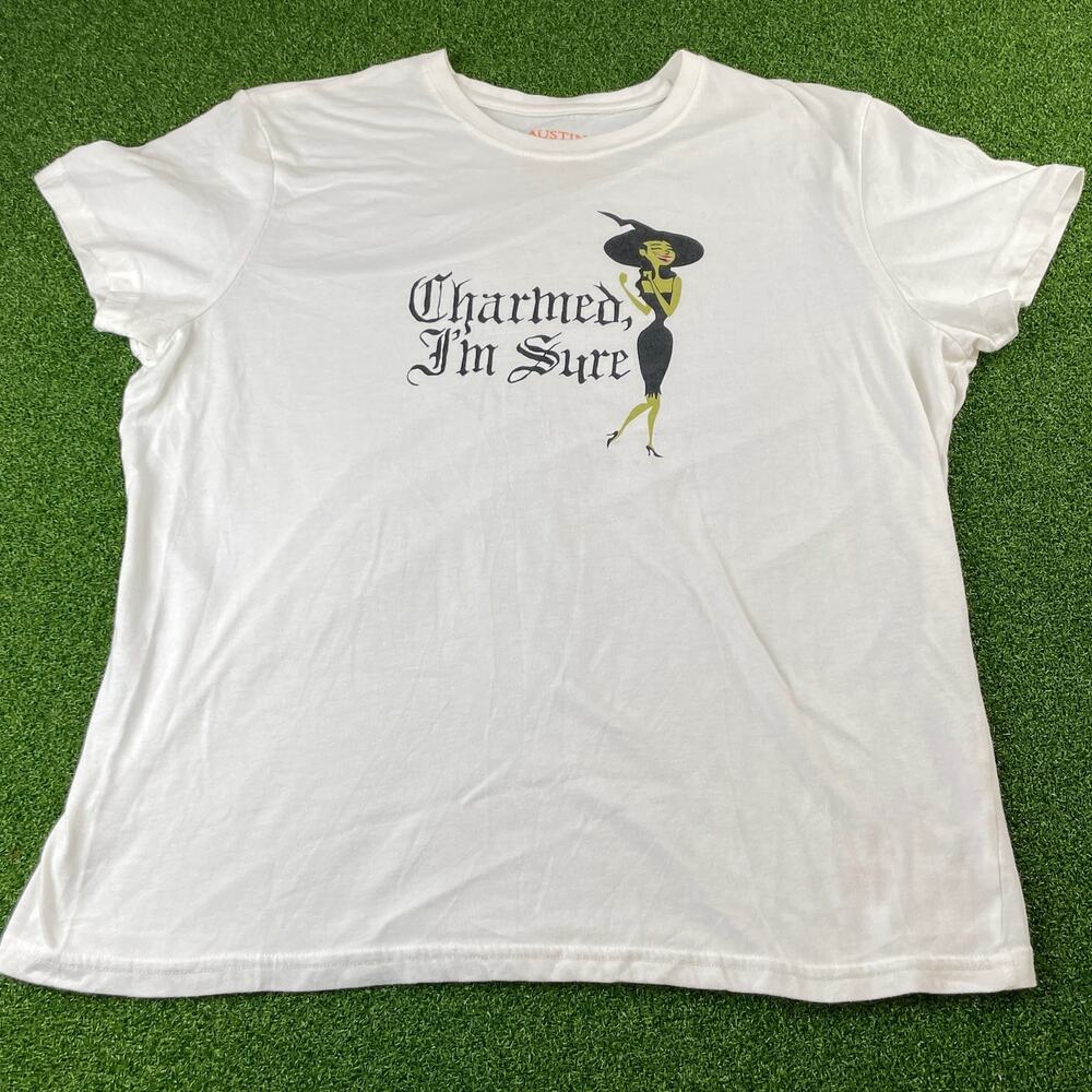 Vtg Austin Clothing Co Charmed Im Sure Witch Graphic Tee White Gothic Shirt XL
